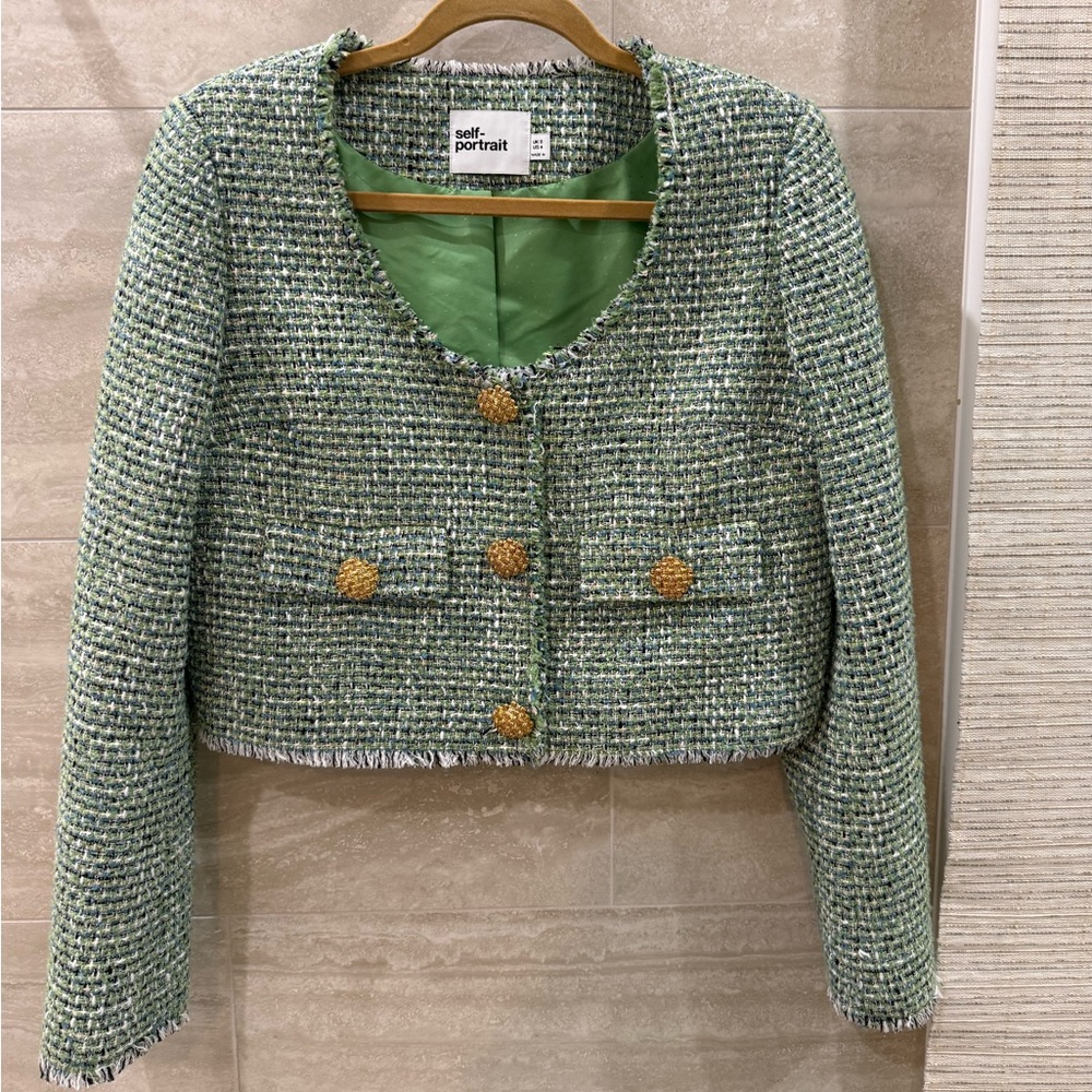 Self-Portrait Mint Tweed Blazer with Gold Buttons size UK 8 / US 4
